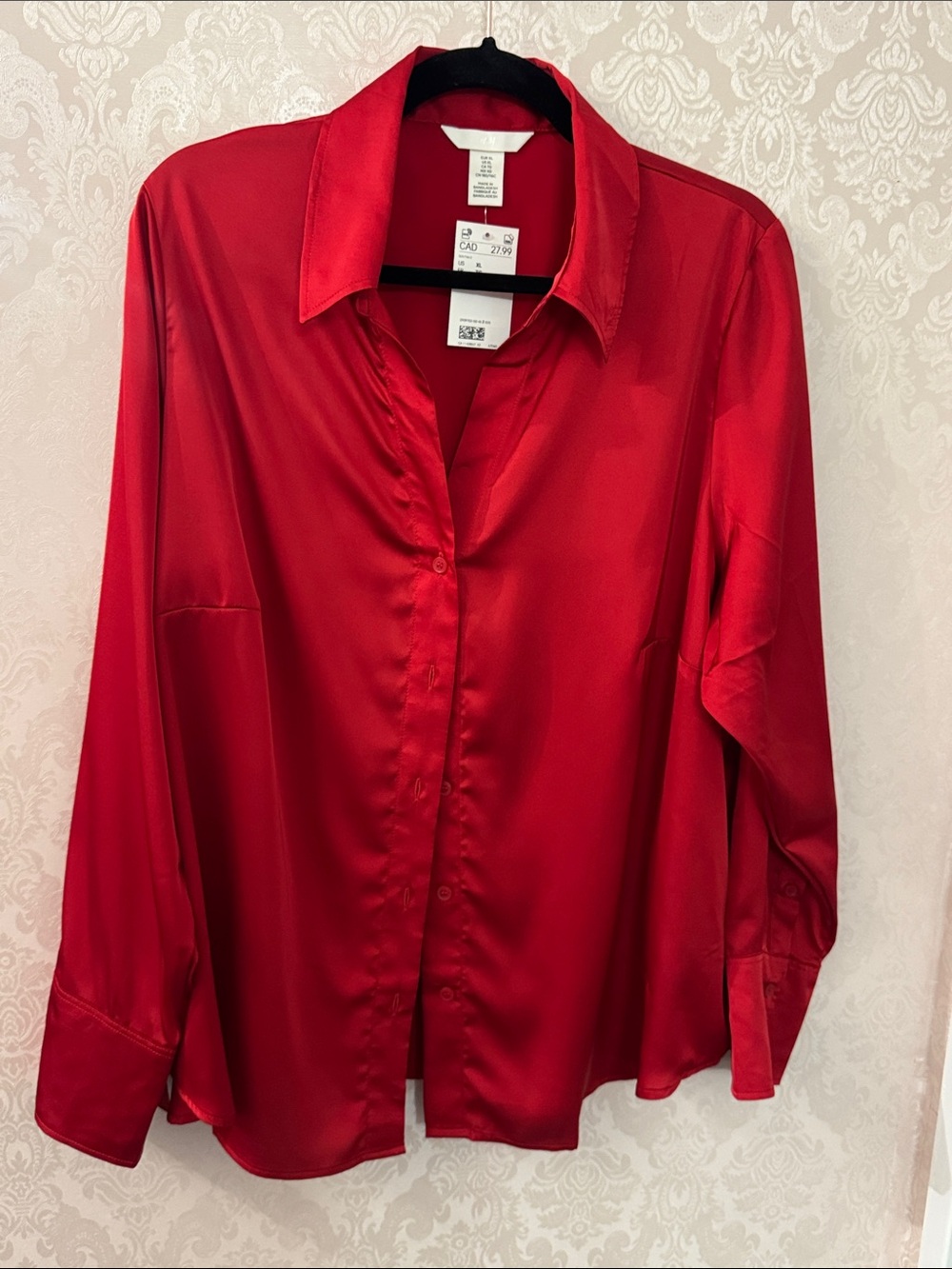 Women's Red Satin Feel Button-Up Blouse